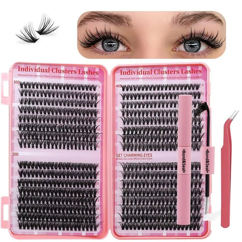 DIY Lash Clusters Kit, Mixed Tray Cluster Lashes 30D+40D+50D, 9-16mm Soft Individual Style Lashes with Bond, Seal & Tweezers, Natural Look