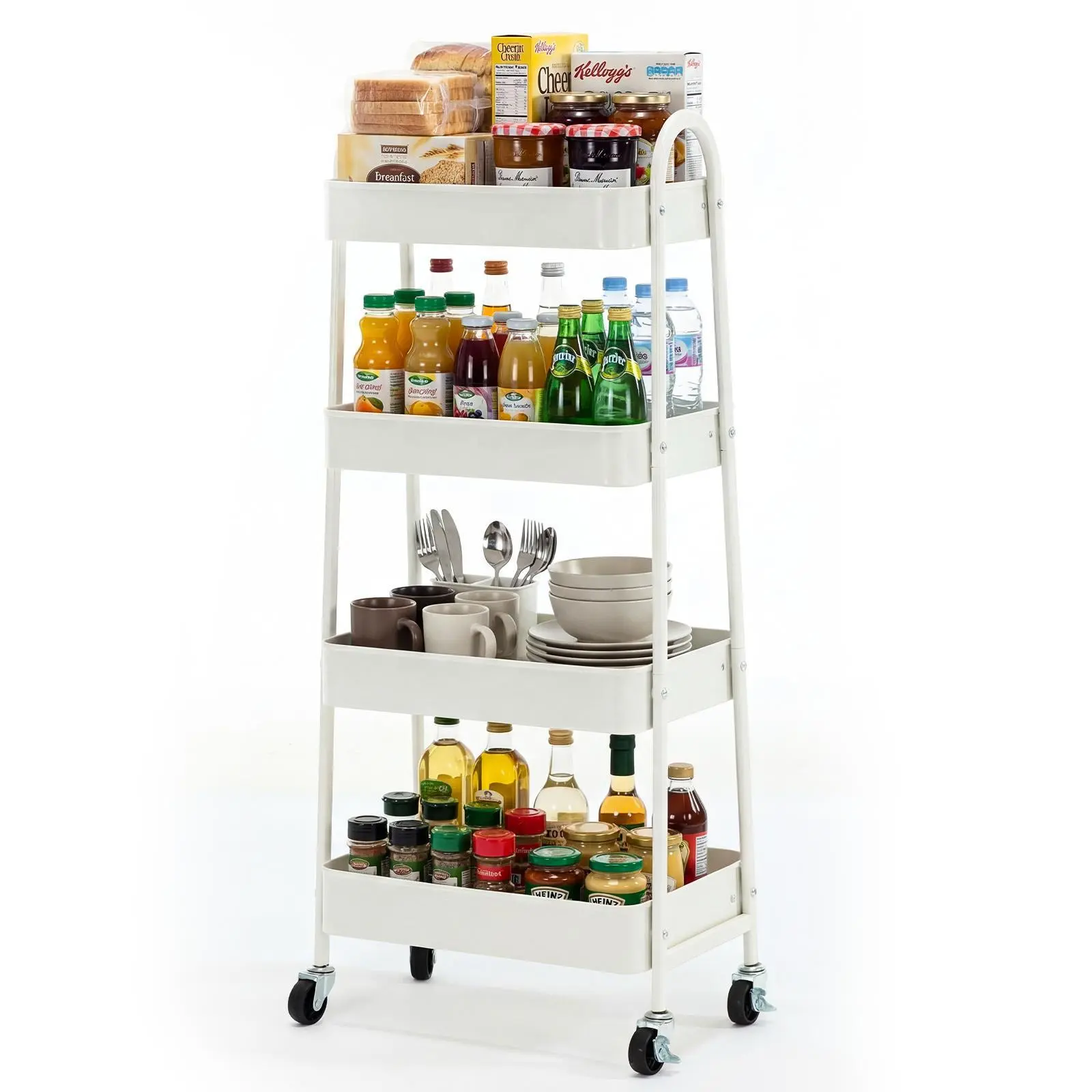 4-Tier Pink Rolling Utility Cart, Sturdy Metal Mobile Storage Rack with Lockable 360° Swivel Casters, Multi-Functional Organizer Trolley with Deep Baskets for Kitchen, Bathroom, Bedroom, Office & Nursery, Easy Assembly