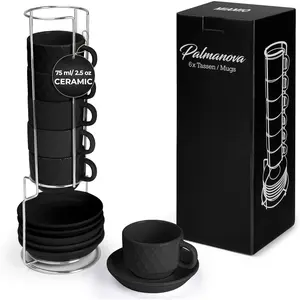 - 6 x 2.5 oz Stoneware Espresso Mug, Cup Set Modern with Stand and Saucers - Palmanova Collection (Black)