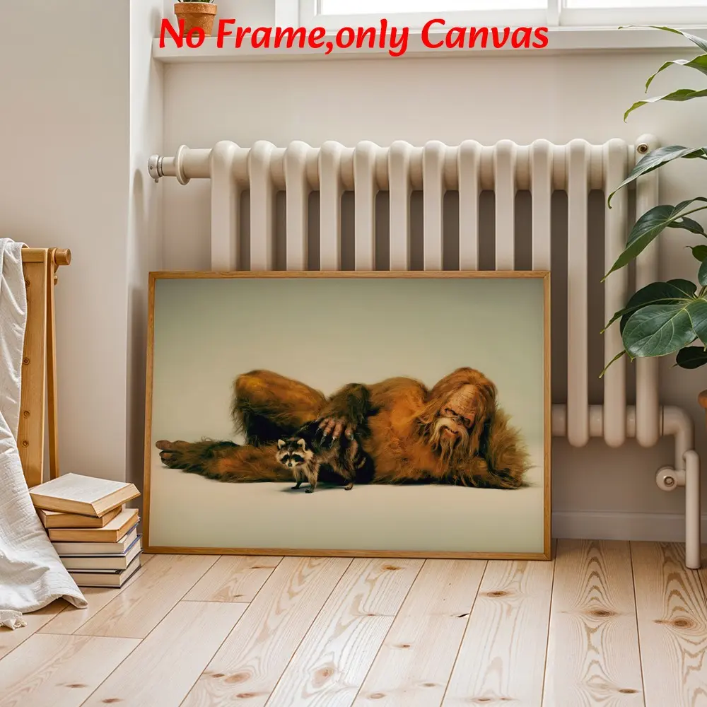 Fantasy Wall Arts Bigfoot Posters, Bigfoot and Raccoon Canvas Prints, Mythical Creatures Artistic Wall Decor, Unframed Canvas Art for Home Office Decorative Artwork Decoration