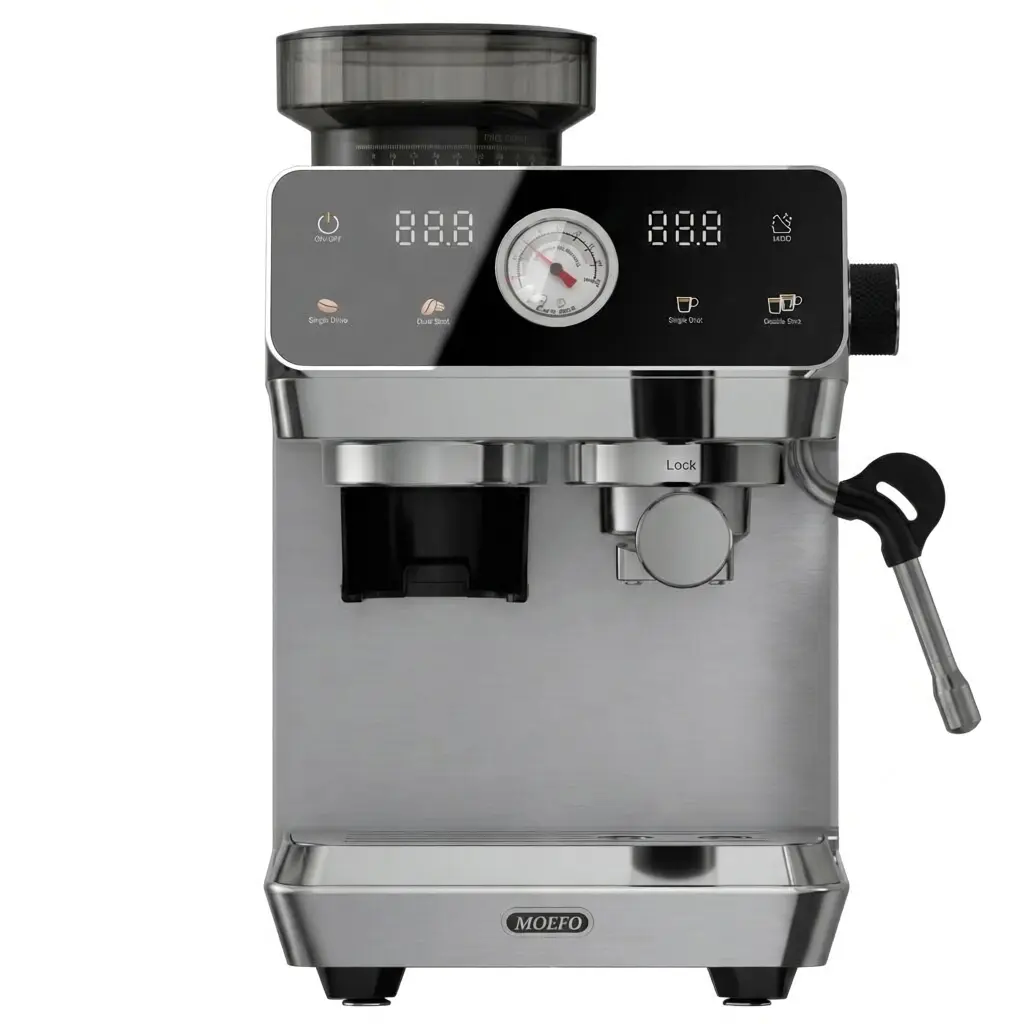 Espresso Machine with Built-In Grinder, 20-Bar Semi-Automatic Coffee Maker, Stainless Steel Espresso Machine with Pressure Gauge & Steam Wand for Latte, Cappuccino, Americano