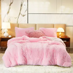 Luxury Faux Fur Shaggy Comforter Set Full/Queen Size, Plush & Sherpa Reversible Comforter Pink, 3 Pieces Fluffy Fuzzy Bedding Set Ultra Soft and Warm for Winter (1 Comforter + 2 Pillowcases)