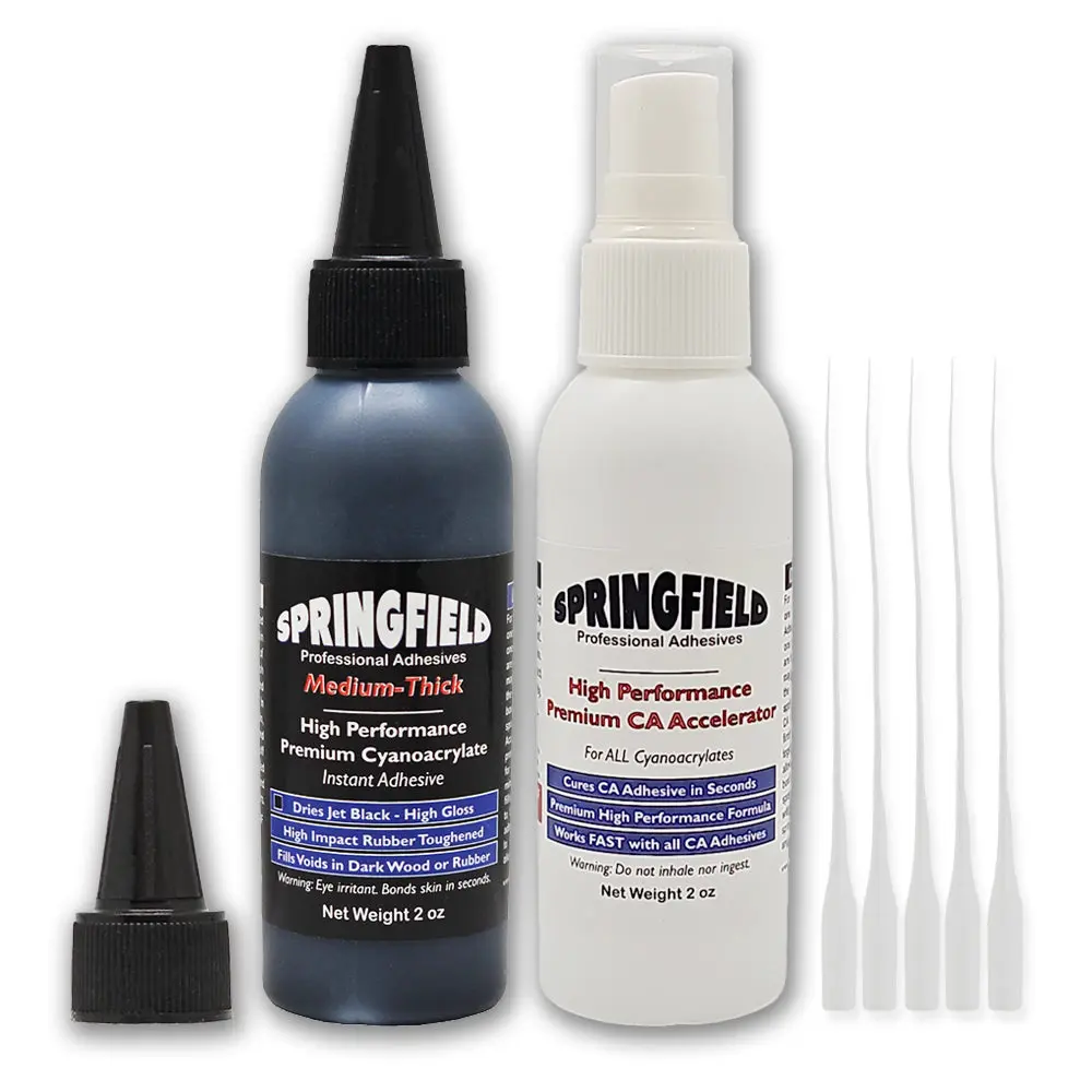 Springfield Professional Adhesives 2oz Black Rubber Toughened CA Glue with Premium Accelerator & Micro Tips for Durable Bonds
