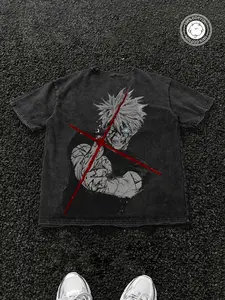Men's Loose Fit Anime Cartoon Washed Heavy Cotton T-Shirt, Unisex Design, Comfortable Casual Wear, Perfect for Daily Use