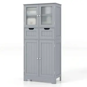Grey Freestanding Bathroom Floor Storage Cabinet, Modern Kitchen Cupboard with 2 Drawers and Glass Doors, Waterproof Multifunctional Storage Organizer Cabinet, Durable MDF Display Storage Furniture for Bathroom, Kitchen, Living Room Home Household Organiz