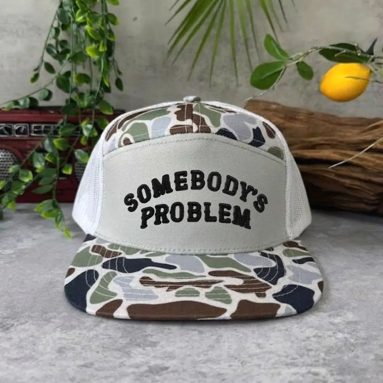 Somebody’s Problem Camo Embroidered Trucker Hat, Adjustable Mesh Snapback Cap, Funny Country Outdoor Hat, Gift for Men and Women