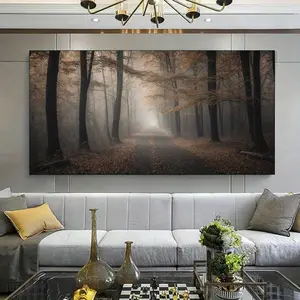 1 piece framed canvas painting, large canvas art, minimalist elegance, autumn forest canvas art print, elegant forest scene with misty atmosphere, autumn decoration, suitable for living room, bedroom office decoration.