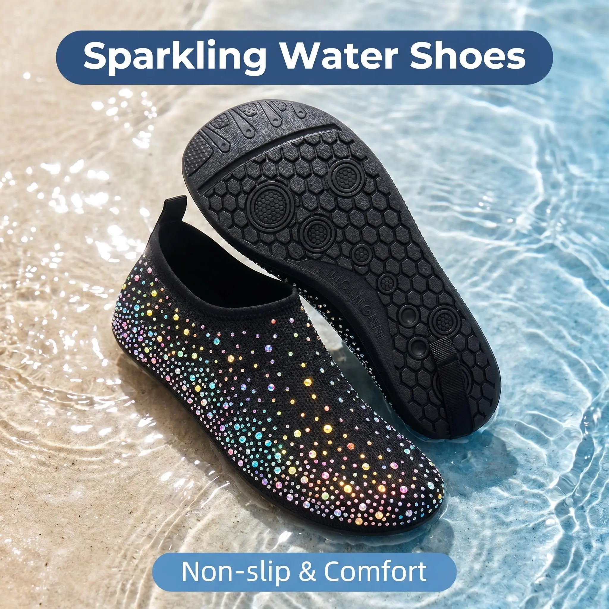Women's Bling Rhinestone Water Shoes - Barefoot Round Toe Slip-Ons, Quick-Dry Stretch Fabric, Lightweight, Non-Slip Sole for Beach, Pool Use, Barefoot Shoes, Women's Water Shoes