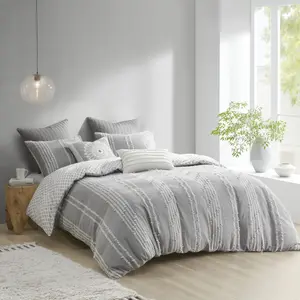 Kara Cotton Jacquard Duvet Cover Full/Queen Set - 3 Piece Grey & Ivory Striped Bedding with Button Closure & Corner Ties - 100%