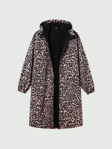 Women's Lightweight Fashion Leopard Print Jacket, Long Slim Fit Winter Coat, Warm Polyester Filled Outerwear for Fall & Winter