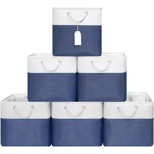 13x13 Inch Cube Storage Bins with Reinforced Bottom Cardboard, 6 Pack Large Foldable Fabric Storage Cubes with Handles for Shelf, Closet, Laundry Organization (White&Navy Blue)
