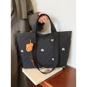 Women's Cute Bear Embroidered Quilted Tote Bag with Bear Charm, Large Capacity Shoulder Bag for Work & Daily Used, Casual Trendy Versatile High-quality Daily Commuting Bag