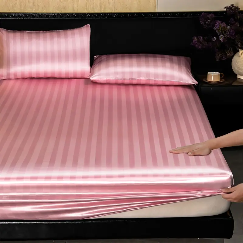 Satin Stripe Fitted Sheet 3-Piece Set, Silky Cooling Bed Linen, Deep Pocket, Breathable, Hotel-Quality, Wrinkle-Resistant, Queen/king Size, Blue