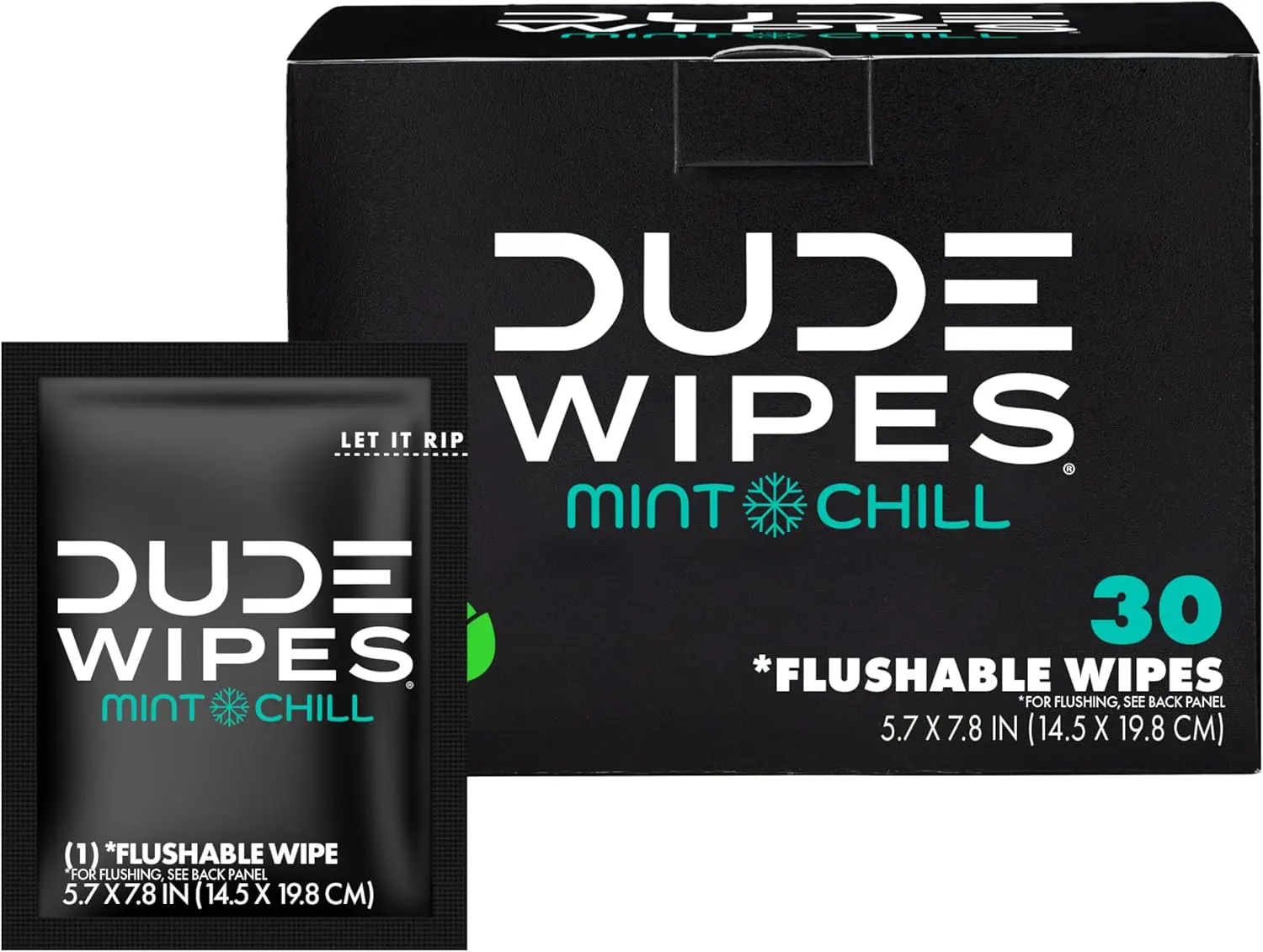 DUDE Wipes - On-The-Go Flushable Wipes Pack of 30, Mint Chill XL Individually Wrapped Adult Wipes with Eucalyptus & Tea Tree Oil, Septic, Sewer Safe