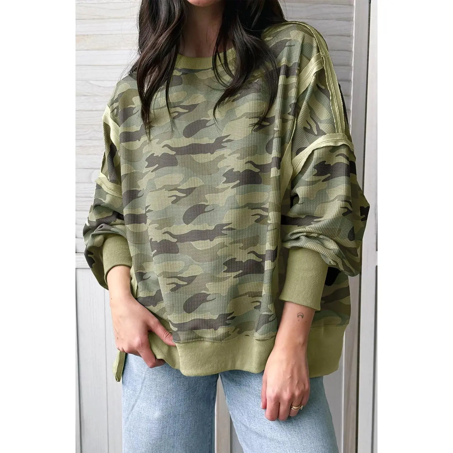 Camouflage Waffle Knit Raw Edge Contrast Trim Oversized Long Sleeve Top