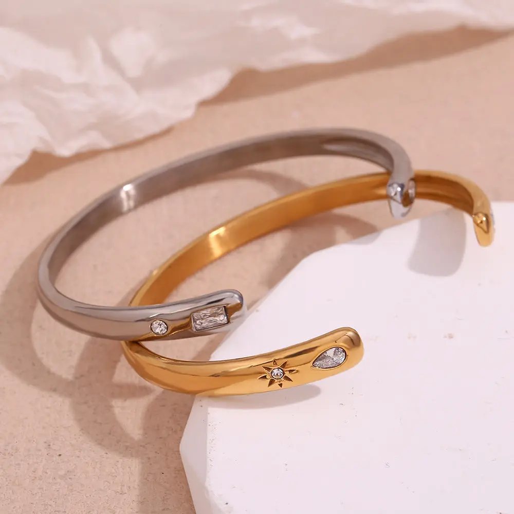 18K Gold Platted Water Drop Bracelet with Rectangular, Star, and Round Diamond Zircon Accents