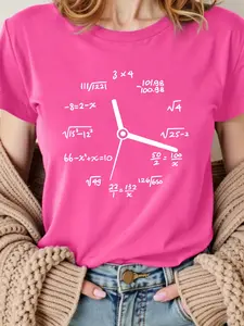 Women's Red "Math Equation Clock" Graphic T-Shirt, Casual Cotton Top for Spring & Summer Teacher/Student/Programmer Daily Wear