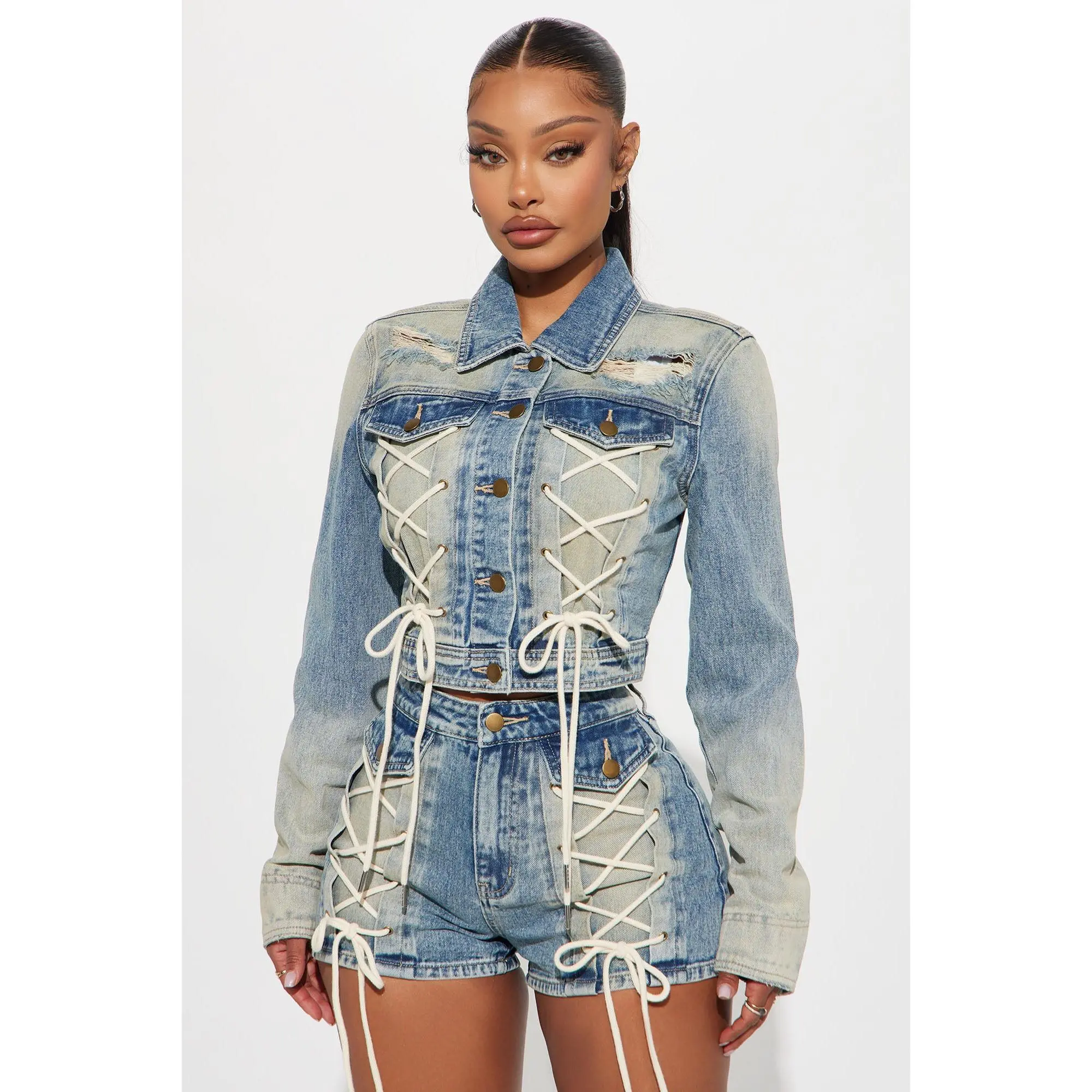 Reaching New Levels Lace Up Denim Jacket - Vintage Wash Reaching New Levels Lace Up Denim Jacket - Vintage Wash