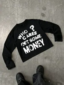 Who Cares? Print Long Sleeve Round Neck T-Shirt, Spring & Fall Essential, Casual Street Style, Unisex, Five Sizes Available