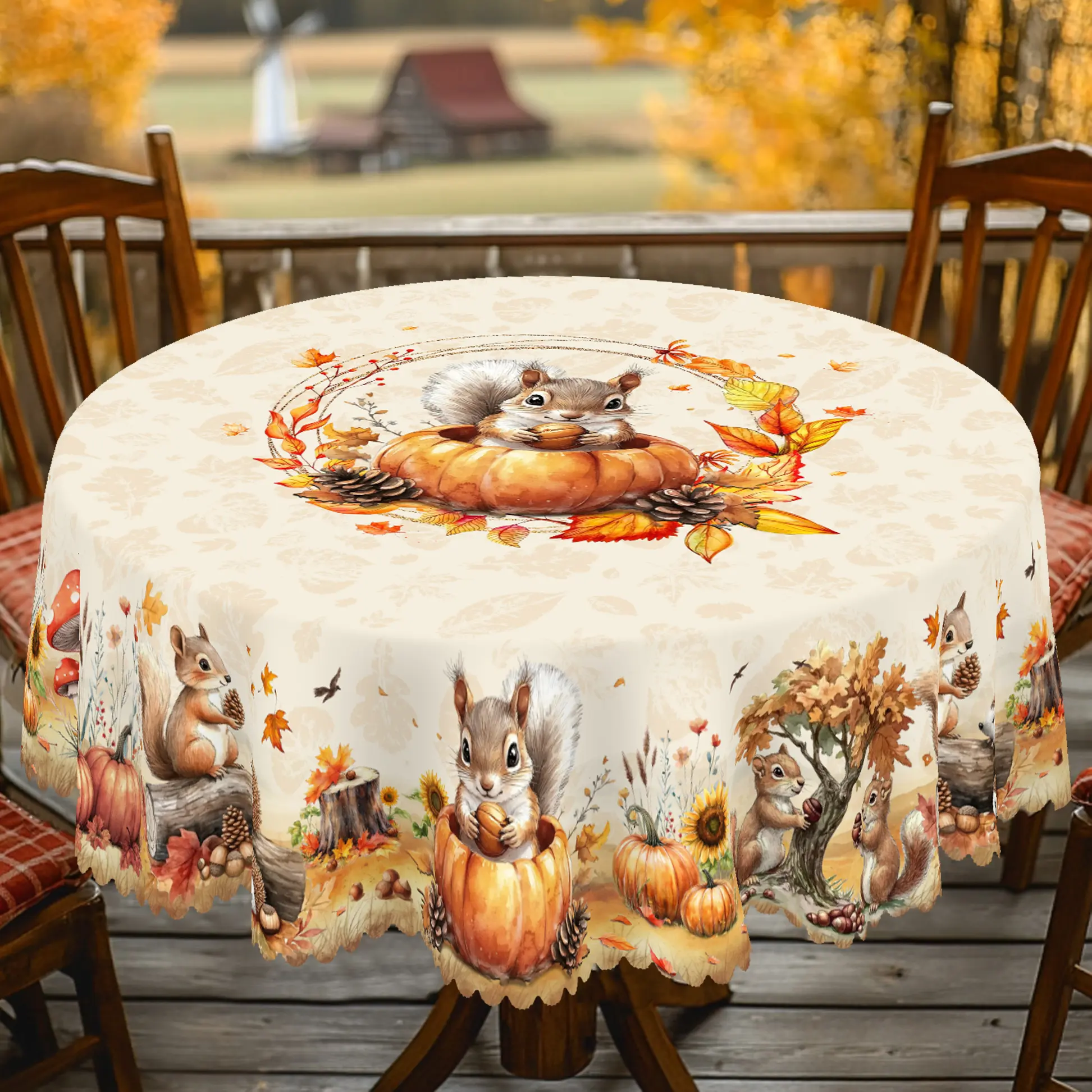 PLUMLIK Fall Vintage Embossed Polyester Tablecloth - European Farmhouse Thanksgiving Room Decor, 1-Piece Animal Print with Squirrel, Pumpkin, Maple Leaf, Pinecone Patterns, Machine Washable, 55x70/60x86 Inches Rectangle/Round Home Kitchen Accessory