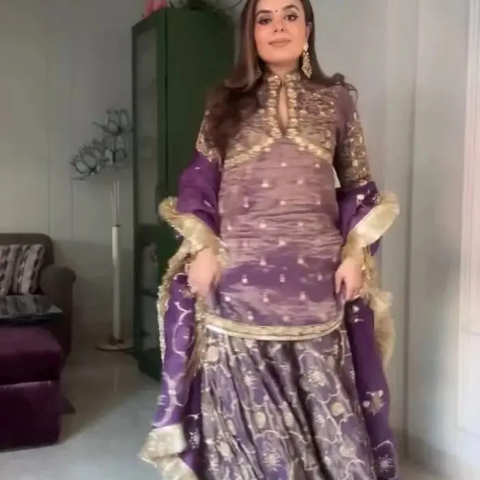 Women's Purple Suit from Indian Pakistani Eid Collection for Wedding - Elegant Design with Tissue Fabric and Decorative Details - Dress, Womenswear