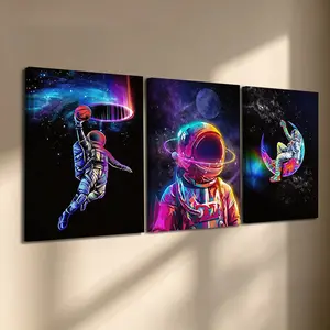 3 Pcs/Set Wooden-Framed Canvas Painting, Colorful Astronaut in Space Triptych Canvas Wall Art, Neon Galaxy Print for Living Room, Bedroom, Office Decoration, Modern Home Decor, Fashion Artistic Ornaments, Artwork