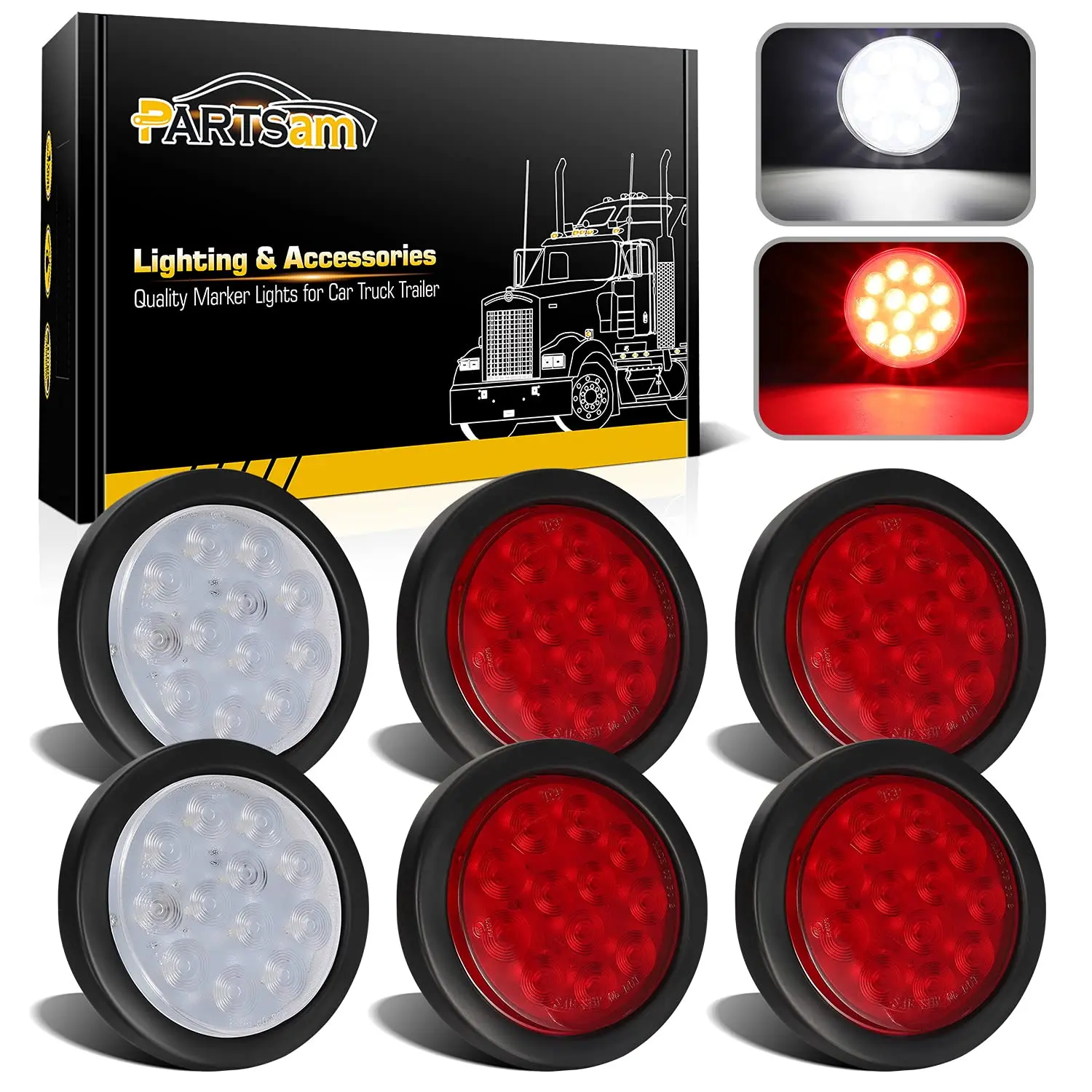 Partsam 6Pcs 4 Inch Round LED Trailer Tail Lights Kit - Round Led Stop Turn Tail Back-up Reverse Fog Lights 12 LED Include Lights Grommet 3-Prong Wire Pigtails for Truck Trailer RV(4 Red + 2 White)