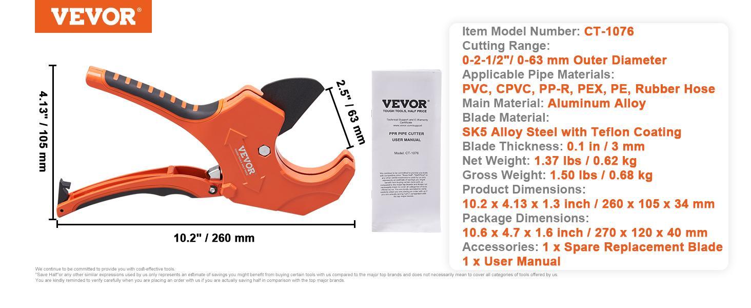 VEVOR PVC Pipe Cutter, TikTokShopBlackFriday, 0-2-1/2" O.D. Ratcheting PVC Pipe Cutter, Heavy Duty Tube Cutting Tool with Spare SK5 Blade for PVC, CPVC, PP-R, PEX, PE, Rubber Hoses VEVOR PVC Pipe Cutter, TikTokShopBlackFriday, 0-2-1/2" O.D. Ratcheting PVC Pipe Cutter, Heavy Duty Tube Cutting Tool with Spare SK5 Blade for PVC, CPVC, PP-R, PEX, PE, Rubber Hoses