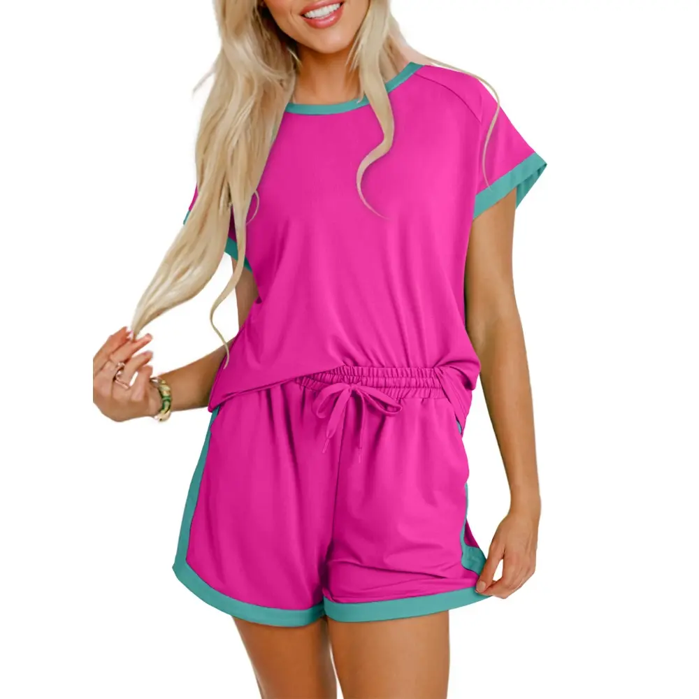 Dokotoo Women's 2 Piece Outfits Sweatsuit Casual Colorblock Short Sleeve Pullover Tops and Drawstring Shorts Pants Lounge Sets