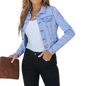 Women’s cropped denim jacket, fashionable short denim jacket with a short strap, lightweight fit, elasticated pockets, casual long-sleeved jacket GARMENTARY