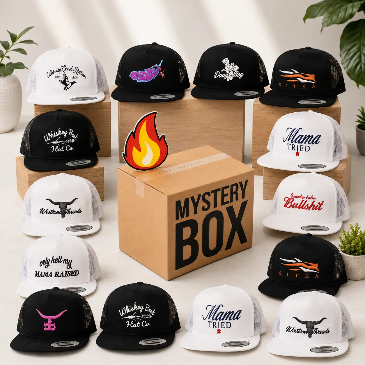 [BEST SUMMER DEAL] New One Hats Mystery Box Random hat Sent Sitka, Mama Tried Happy, Whiskey Creek, Feathered Outlaw, Dough Boy, Standin on Snapback