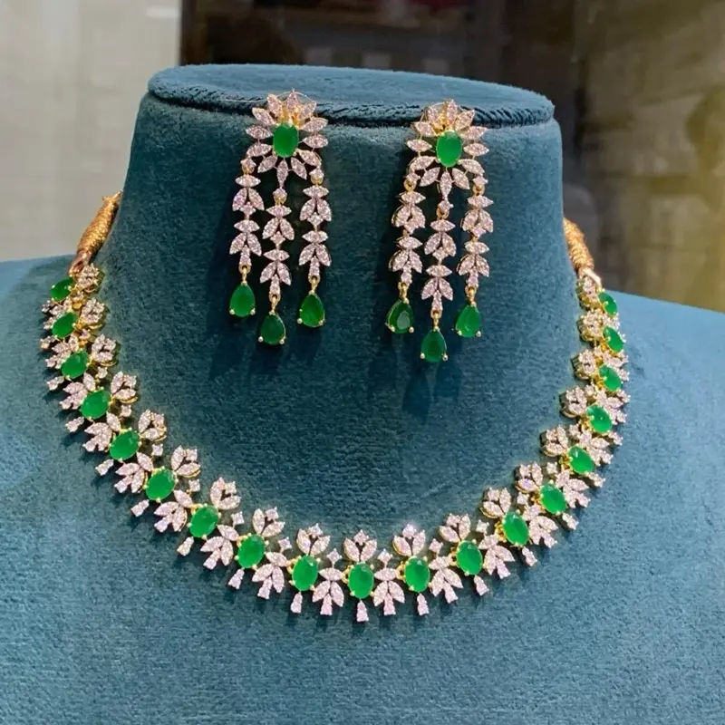 American Diamond Bridal Necklace Earring Set Dual Tone CZ Wedding Choker Necklace Ruby Emerald AD Stone Statement Jewelry