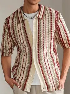 Men's Regular Fit Striped Collared Cardigan, Casual Short Sleeve Collar Knitwear for Summer, Summer Sweaters, Fashion Men's Knit Clothing for Daily Wear, Striped Knitted Cardigan