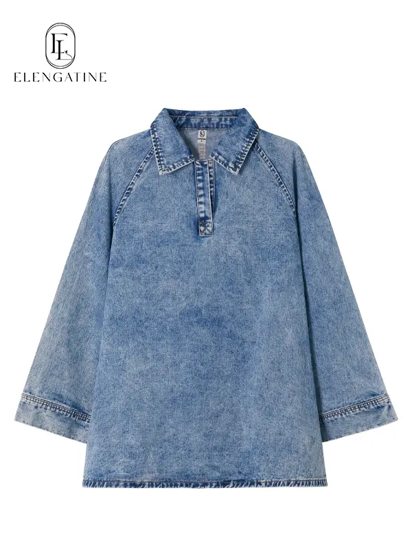 Thank You Anniversary | $29.9 Elengatine Women's Denim Dress Half-Zip Collared Vintage Washed Blue Loose Thank You Anniversary | $29.9 Elengatine Women's Denim Dress Half-Zip Collared Vintage Washed Blue Loose