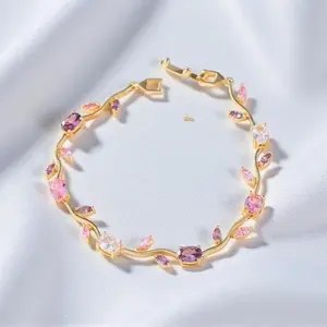 Danity Light Luxury Tulip Flower Vine 7 Inches Coquette Flora Bracelet Pink & Lilac Gemstone Fairytale Inspired Cubic Zriconia Flower Stone Bracelet for Mothers