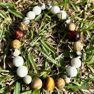Handmade Gemstone Bracelet with Sea Shell Tiger Eye Picture Jasper & Dalmatian Jasper 6-10mm Beads for Jewelry Enthusiasts