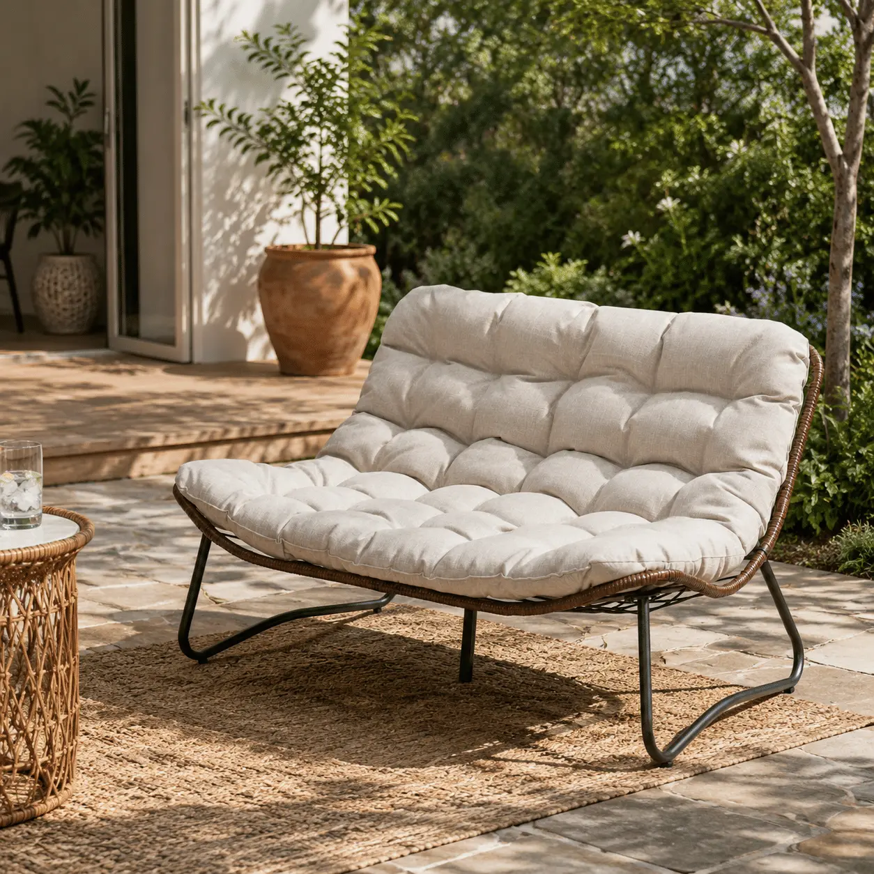 2-Seat Outdoor Wicker Glider Loveseat Sofa - Minimal Setup Modern Fusion All-Weather Patio Furniture with Thick Luxury Cushions, 270lb Weight Capacity for Garden, Balcony