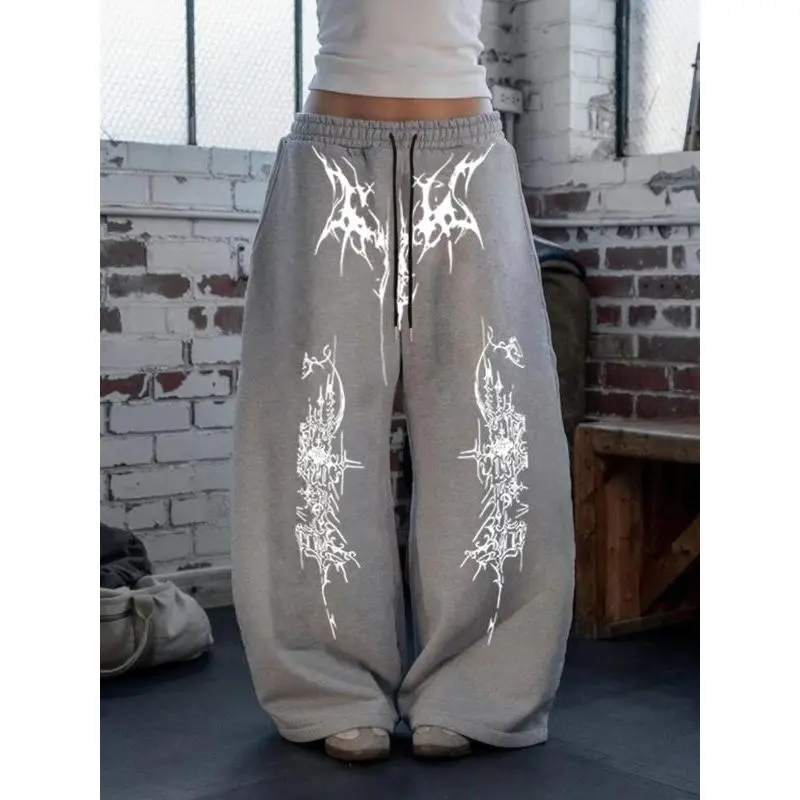 Y2K Campus Gothic Print Loose Fit Pants, Dark Street Style, Adjustable Drawstring Waist, Soft and Structured, Perfect for Casual Y2K Campus Gothic Print Loose Fit Pants, Dark Street Style, Adjustable Drawstring Waist, Soft and Structured, Perfect for Casual