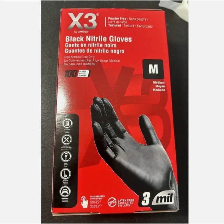 AMMEX BX3 Black Nitrile Latex Disposable Gloves -Medium Size - 100 Count