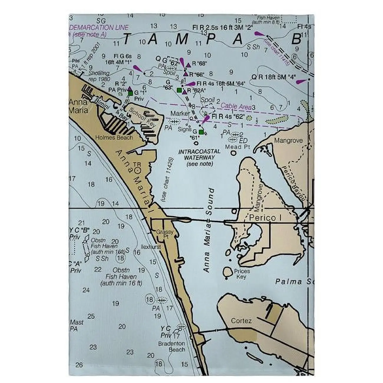 Betsy Drake GT11424 Single Map Print Nautical Guest Towel - Anna Maria Island, FL Design, Coastal Look, Suitable for Shower, Bath & Kitchen, Home Decor Use
