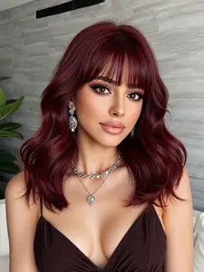 14-Inch Wine Bangs Wig, Smooth Loose Wavy Bob, Heat-Resistant Fiber, Suitable for Daily Use and Parties, Women's Wig for All Occasions, Synthetic Wavy Wig