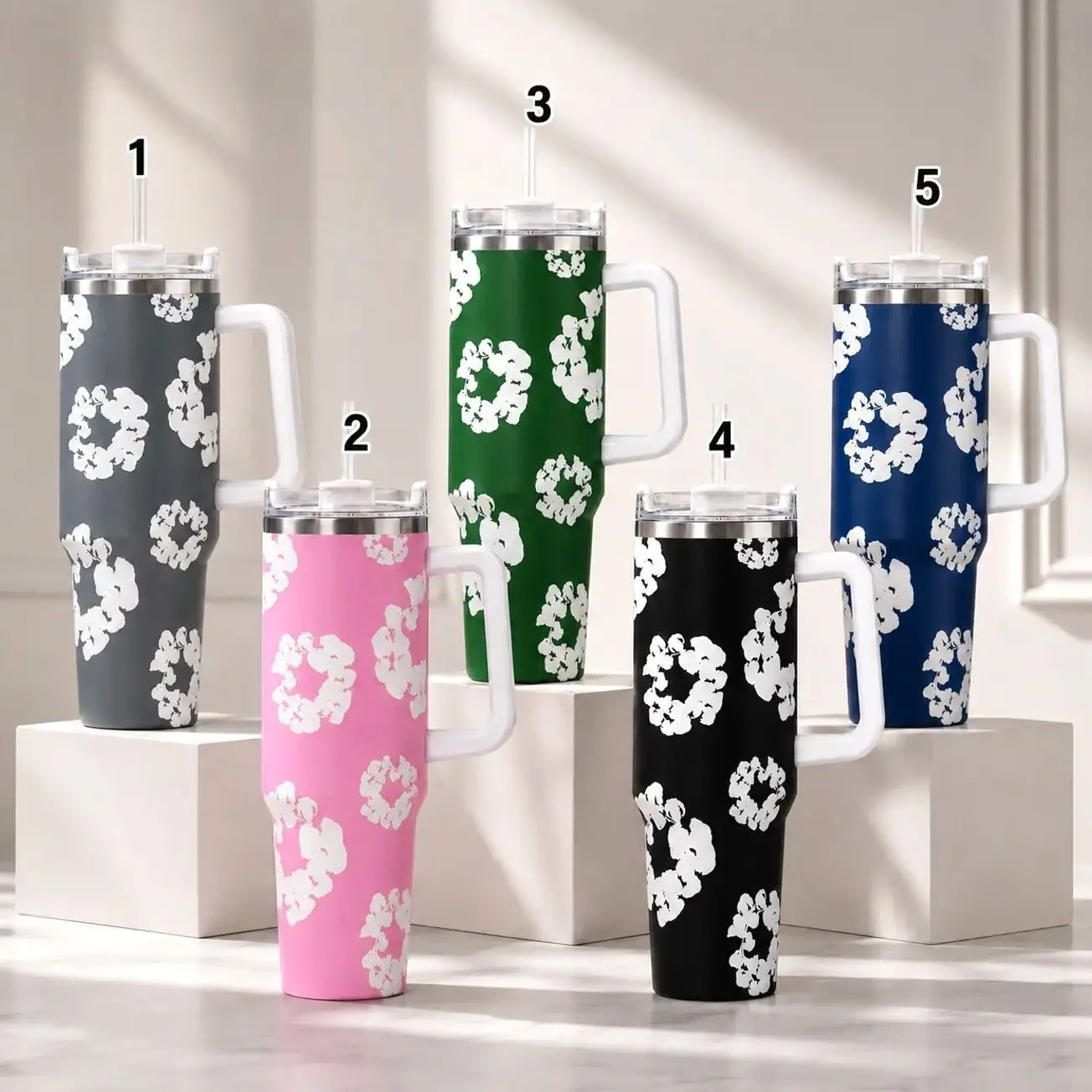 40oz Denim Tears Inspired Tumbler with Handle, Stainless Steel Insulated Cup with Straw, Floral Travel Mug for Women & Men