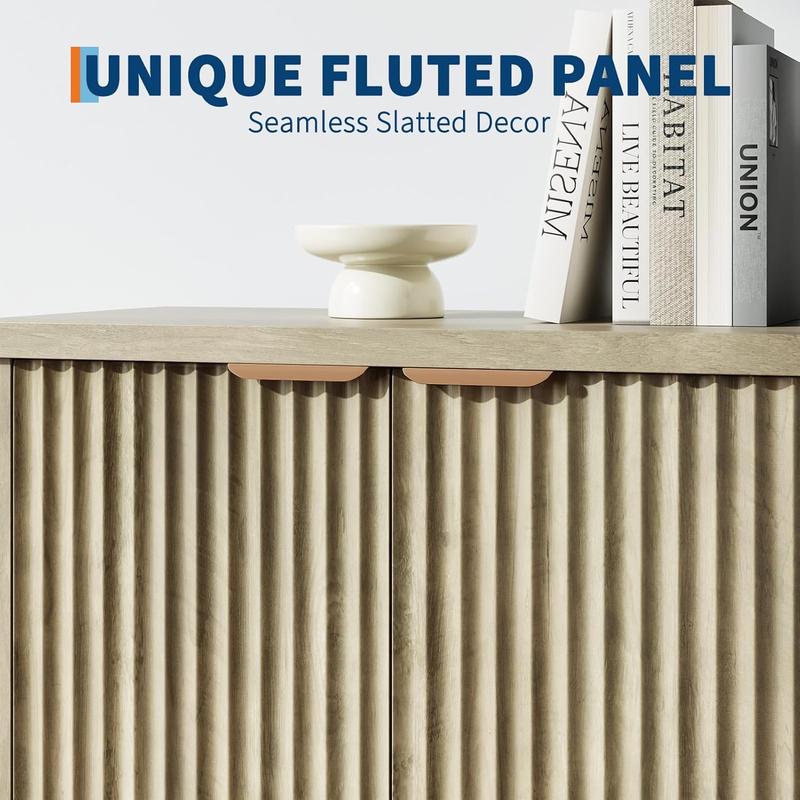Fluted Buffet Sideboard Cabinet, Accent Modern Credenza with Doors & Shelves, Wood Credenza Storage Console Cabinet for Living Room Kitchen Dining Room Hallway Fluted Buffet Sideboard Cabinet, Accent Modern Credenza with Doors & Shelves, Wood Credenza Storage Console Cabinet for Living Room Kitchen Dining Room Hallway