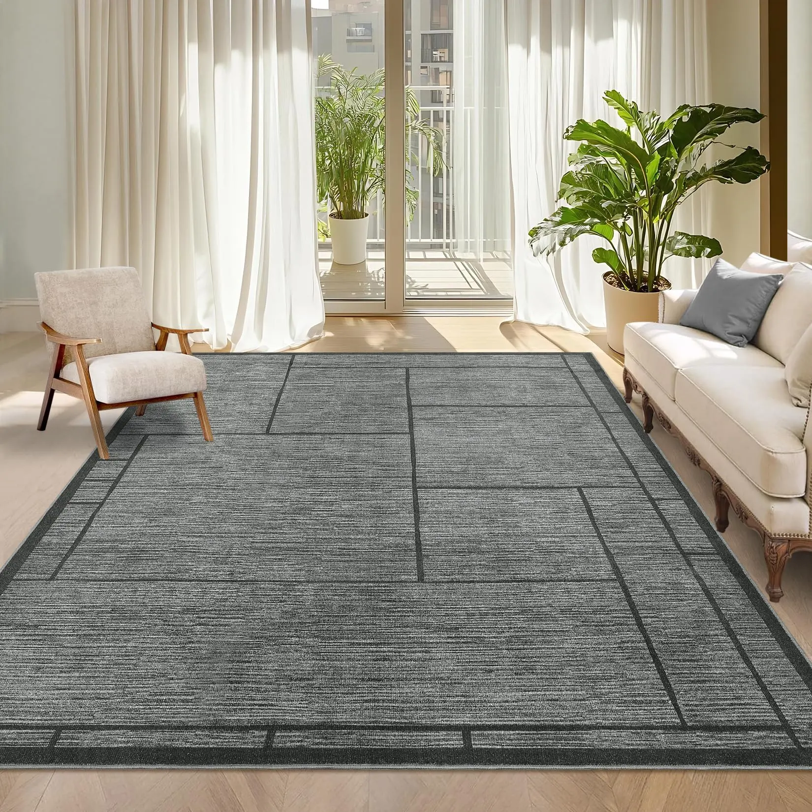 Garvee Washable Geometric 5x7 Area Rug - Modern Patchworked, Non-Slip, Low Pile, Non-Shedding Carpet for Living Room, Bedroom, Nursery, Dining Room, Office in Dark Grey