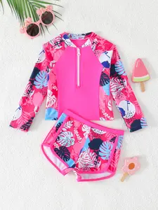 Floral Print Round Neck Long Sleeve Zipper Top, Two-Piece Swimsuit Set, Cute Swimwear, Summer Beach Vacation Gift, Outdoor