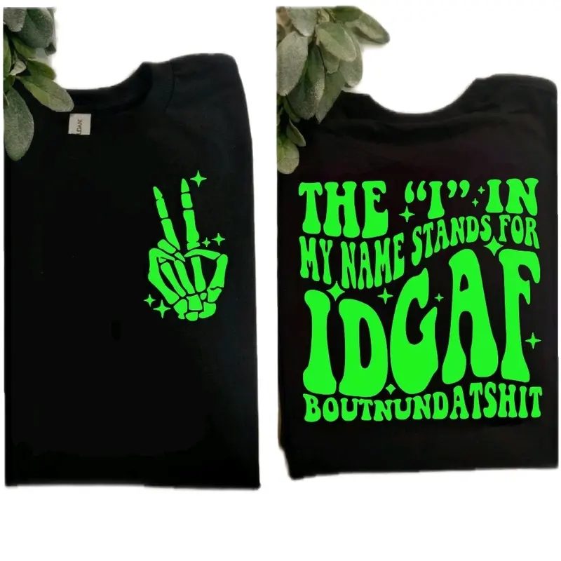 funny shirt the I in my name stands for idgaf humor retro wavy lettering sarcasm short sleeve black and lime green Casual Top Cute T-Shirt Comfortable graphic