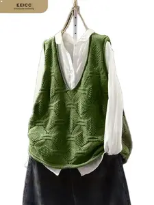 Plus Size Boho Style Rhombus Embroidered Knit Vest, Loose Fit Slimming V Neck Sleeveless Outerwear, Fashionable Knitted Jumper