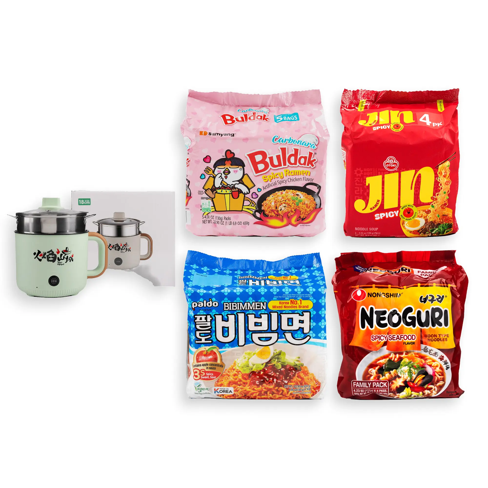 Korean Ramen Variety Bundle – Most Popular Spicy & Non-Spicy Ramen Packs, With Multi-Function Electric Cooking Pot