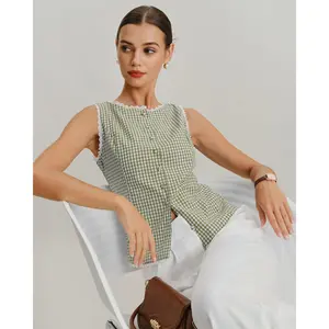 rihoas Women's Sleeveless Light Green Boat Neck Retro Plaid Tank Top, Polyester-Cotton Fabric, Slim Hip-Flattering Design