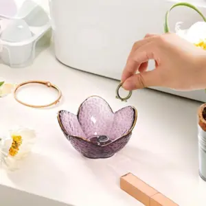 Cute Flower Jewelry Dish Glass Ring Holder Tray, Aesthetic Makeup Storage Organizer, Bedside Cabinet Bathroom Decor Gift for Women